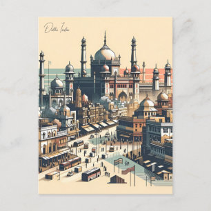 Carte Postale Vintage New Delhi, Inde Voyage aquarelle rétro