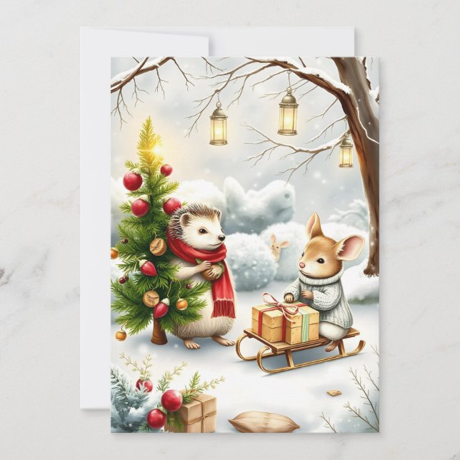Carte postale vintage Noël avec animaux (Devant)