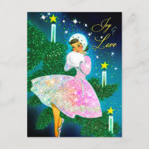 Carte Postale Vintage Noël chandelle fille iridescente parties s