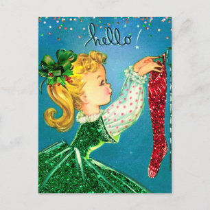 Carte Postale Vintage Noël chaussettes rouges parties scintillan