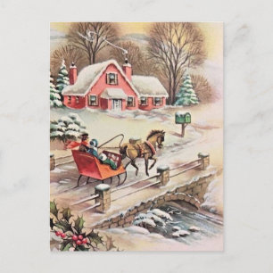 Carte Postale Vintage Noël Cheval et pont de transport neige