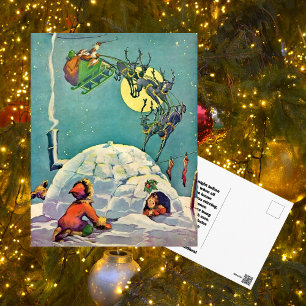 Carte Postale Vintage Noël Eskimo Igloo Père Noël Vol