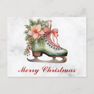 Carte Postale Vintage Noël Floral Antique Patinage sur glace