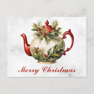 Carte Postale Vintage Noël Floral Antique Teapot Tea Tea