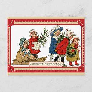 Carte Postale Vintage Noël mignon Enfants Enfants Sleigh