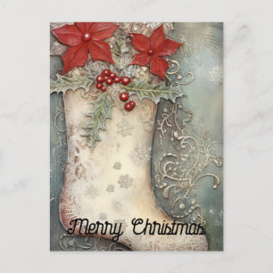 Carte Postale Vintage Noël Stocking Poinsettia Fleurs