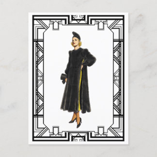 Carte Postale Vintage Noir et Blanc 1930 Fur Coat Mode