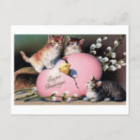 Carte postale vintage "Pâques de voeux" Chats et p