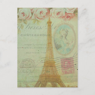 Carte Postale Vintage Paris Eiffel Tower Roses French Inspired