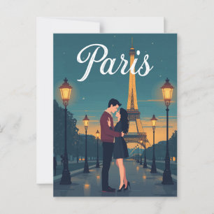 Carte Postale Vintage Paris Tour Eiffel Romance Voyage de nuit