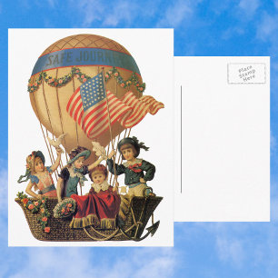 Carte Postale Vintage patriotique, enfants dans une montgolfière