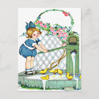 Carte Postale Vintage petite fille, poussins jaunes, canards