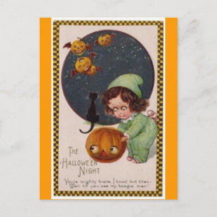 Carte Postale vintage-petite-fille-volant-citrouille-noir-carte-