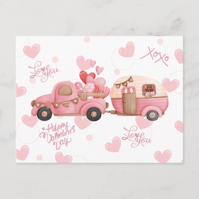 Carte Postale Vintage Pink Valentine's Day Camion et Coeurs (Devant)