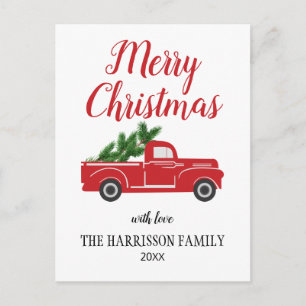 Carte Postale Vintage Red Truck Pine Tree Joyeux Noël
