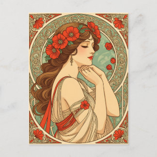 Carte Postale vintage retro romantic woman with red flowers