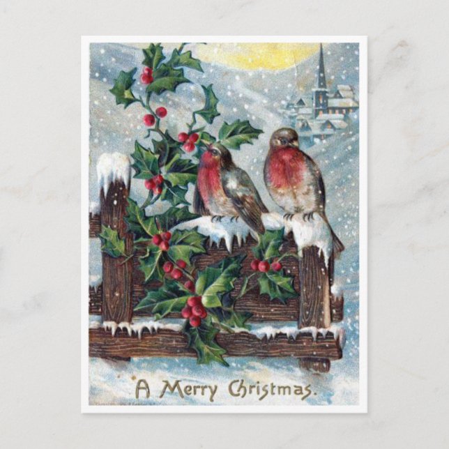 Carte Postale Vintage Robin Birds et Holly Joyeux Noël (Devant)