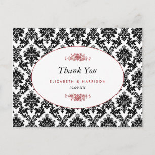Carte Postale Vintage rouge noir et blanc Merci Mariage damassé
