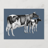 Vintage Russe ferme Vache de veau dessin bleu blan