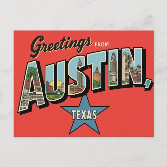 Carte Postale Vintage "Salutations d'Austin, Texas (Devant)