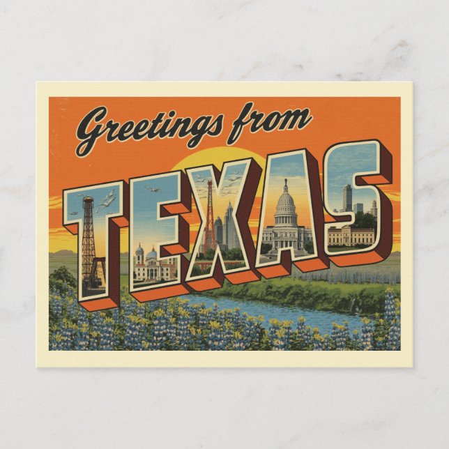 Carte Postale Vintage "Salutations du Texas" (Devant)