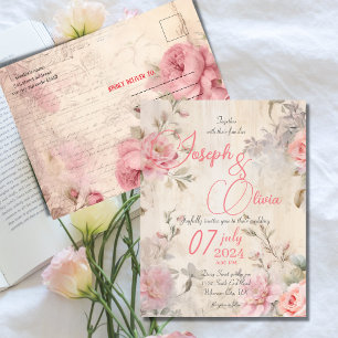 Carte Postale vintage shabby chic mariage rose