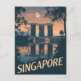 Carte Postale Vintage Singapore Travel Poster Skyline Moon