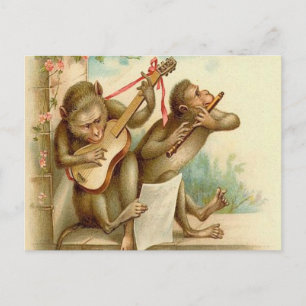 Carte Postale Vintage, Singes Jouant Instruments De Musique