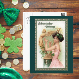 Carte Postale Vintage St. Patrick's Day Lady and Harp