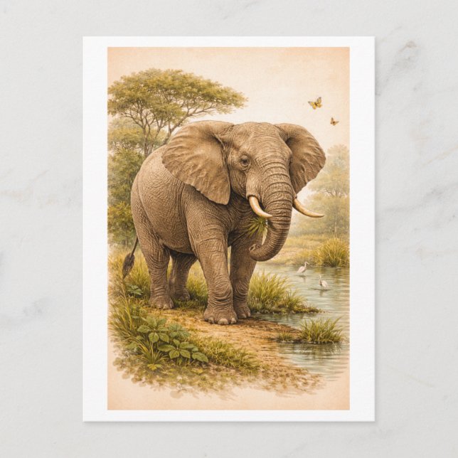 Carte Postale Vintage-Style Elephant Illustration (Devant)