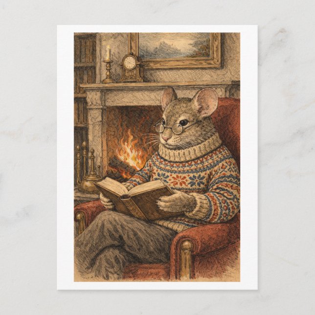 Carte Postale Vintage-Style Mouse Reading a Book (Devant)