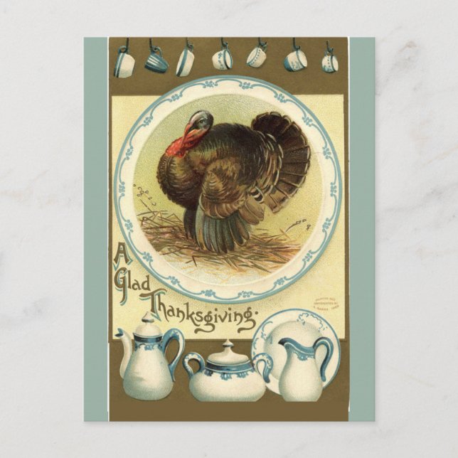Carte Postale Vintage Thanksgiving Turquie et plats (Devant)