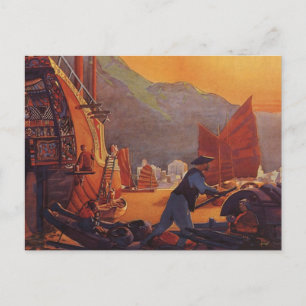 Carte Postale Vintage Travel, Plane Over Junks in Hong Kong