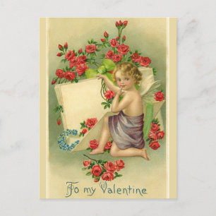 Carte Postale Vintage Valentine Cherub Entourée de Red Roses