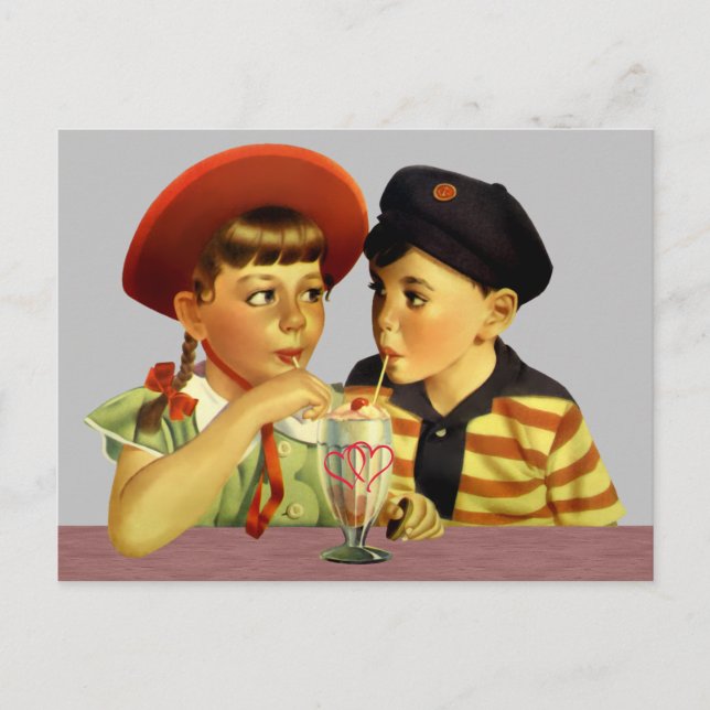 Carte Postale Vintage Valentine Partage un char de glace (Devant)