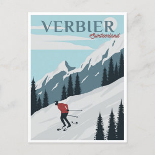 Carte Postale Vintage Verbier Suisse Aquarelle de voyage