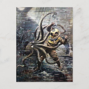 Carte Postale Vintage Victorian Diver Octopus Combattre