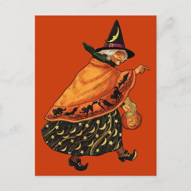 Carte Postale Vintage vieille sorcière d'Halloween (Devant)