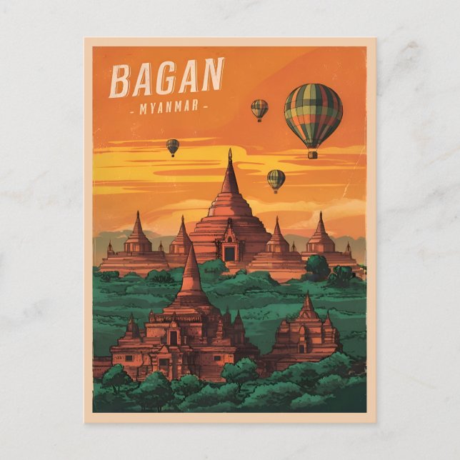 Carte Postale Vintage voyage Bagan Myanmar Sunset Retro Pittores (Devant)