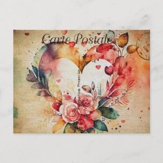 Carte Postale Vintage Watercolor Heart & Flowers