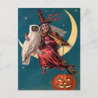 Carte Postale Vintage Witch and Owl Halloween Salutation