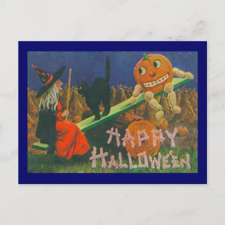 Carte Postale Vintage Witch & Jack o' Lanterns Temps de jeu