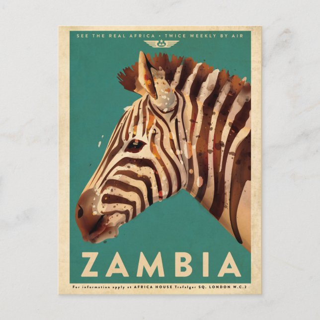 Carte Postale Vintage Zambie Zebra Travel (Devant)