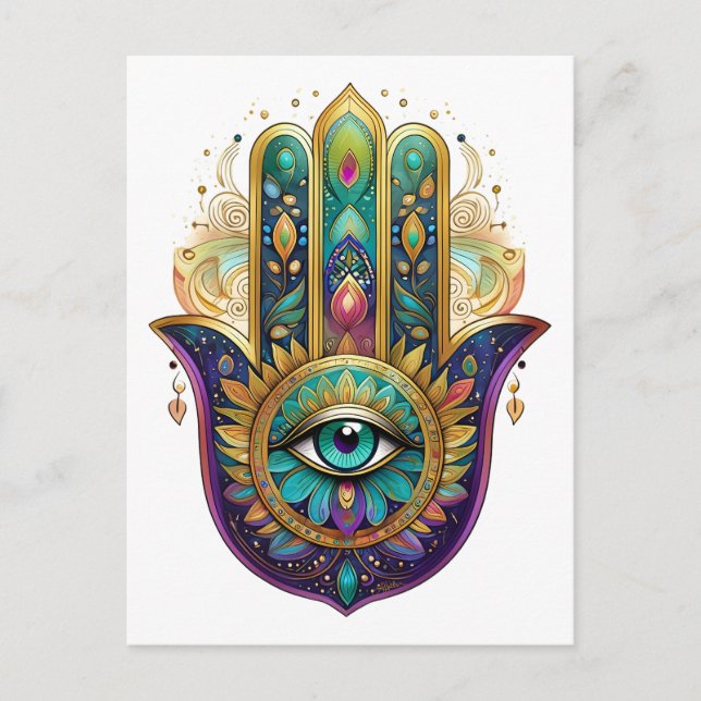 Carte Postale Violet Green Gold Petals Hamsa Turquoise Third Eye (Devant)