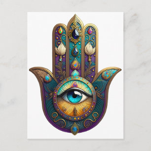 Carte Postale Violet sarcelle doré Hamsa avec troisième œil turq
