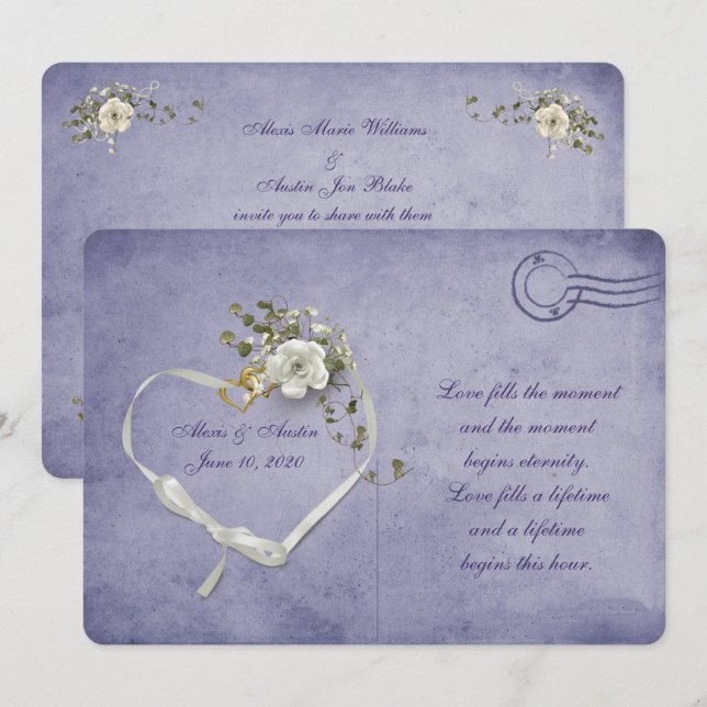 carte postale violette à coeur rose et ruban blanc (Devant / Derrière)