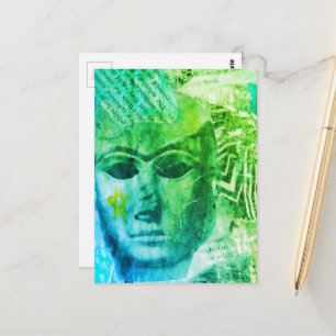 Carte Postale Visage de pierre Mix Media Collage Bleu Vert