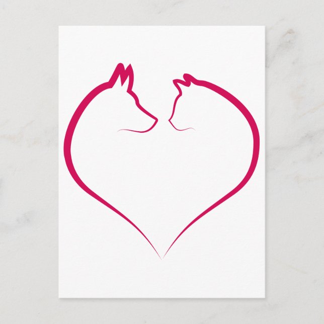 Carte Postale Visages de chat et de chien en silhouette de coeur (Devant)