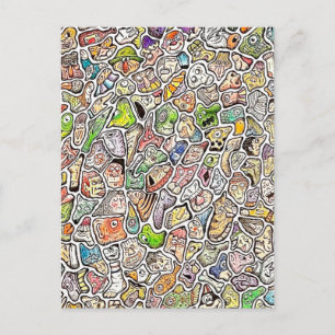 Carte Postale Visages de dessin animé bizarres crayon de couleur