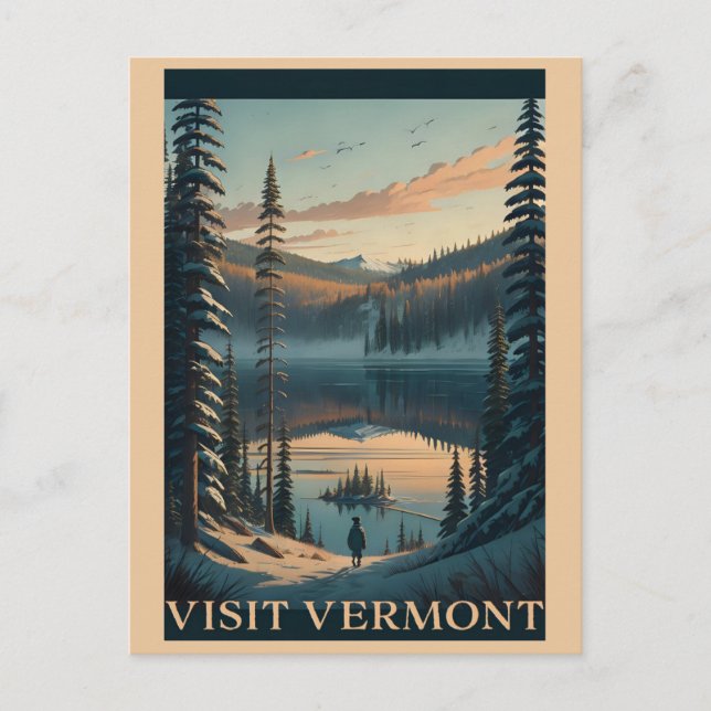 Carte Postale Visitez le Vermont hiver Illustration de neige Voy (Devant)